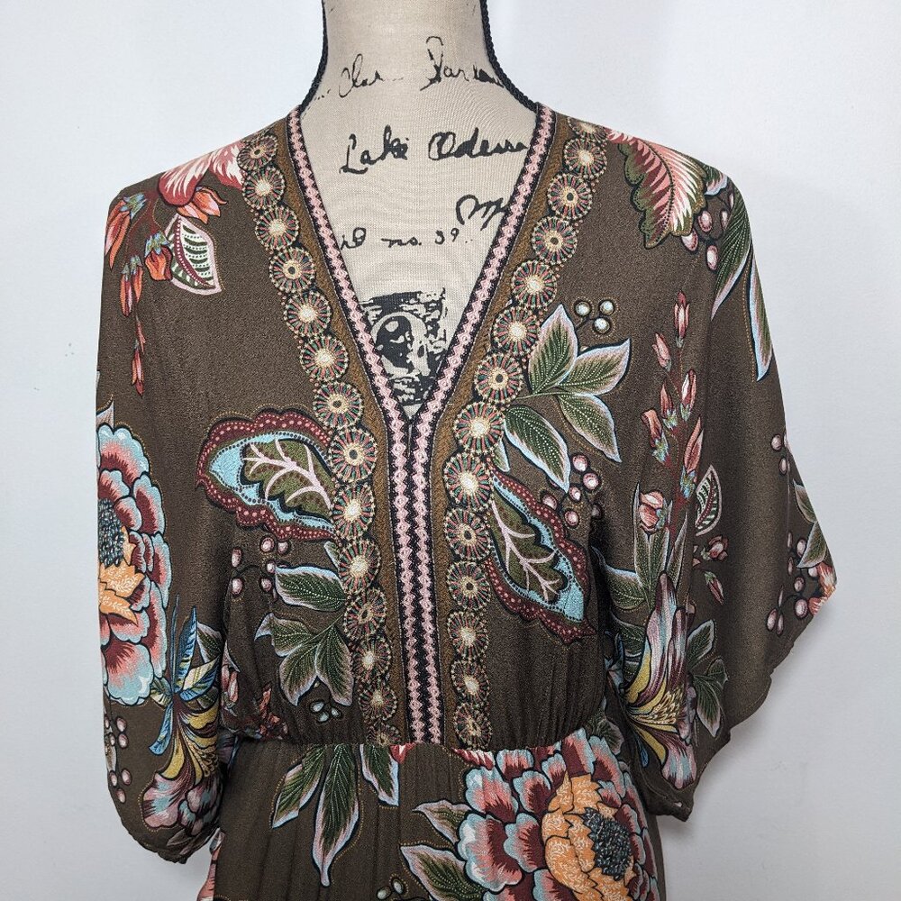 Farm Rio Valentina Maxi Dress Floral Brown V-Neck Multi Size XS - Picture 3 of 16